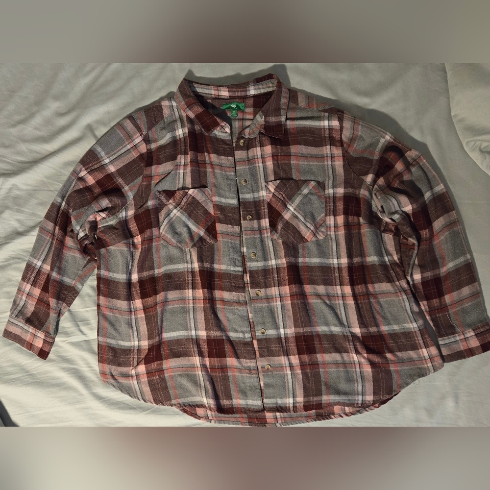 Dip Grey/Maroon Women's Plus Size Long Sleeve Flannel Button Down Shirt 3X Used
